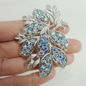 Vintage Coro Blue Rhinestone Leaf Shape Brooch, Silver Tone, Signed Lapel Pin